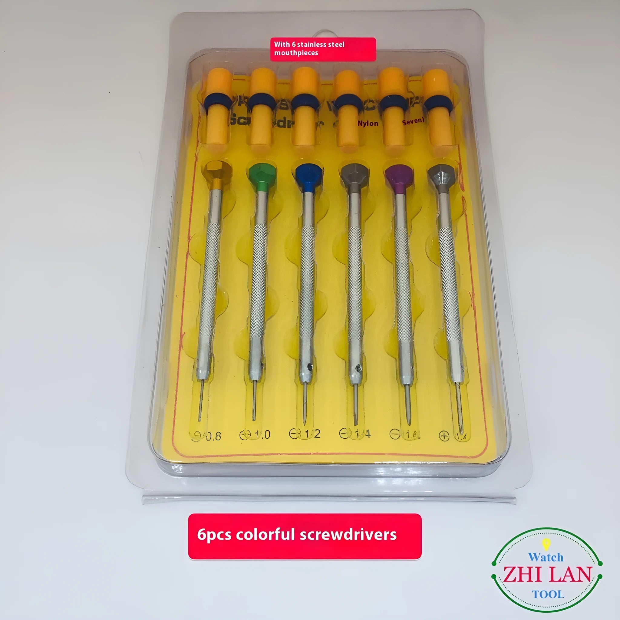 Six colour-coded aluminium handle screwdrivers for watch repair with spring steel cutter heads
