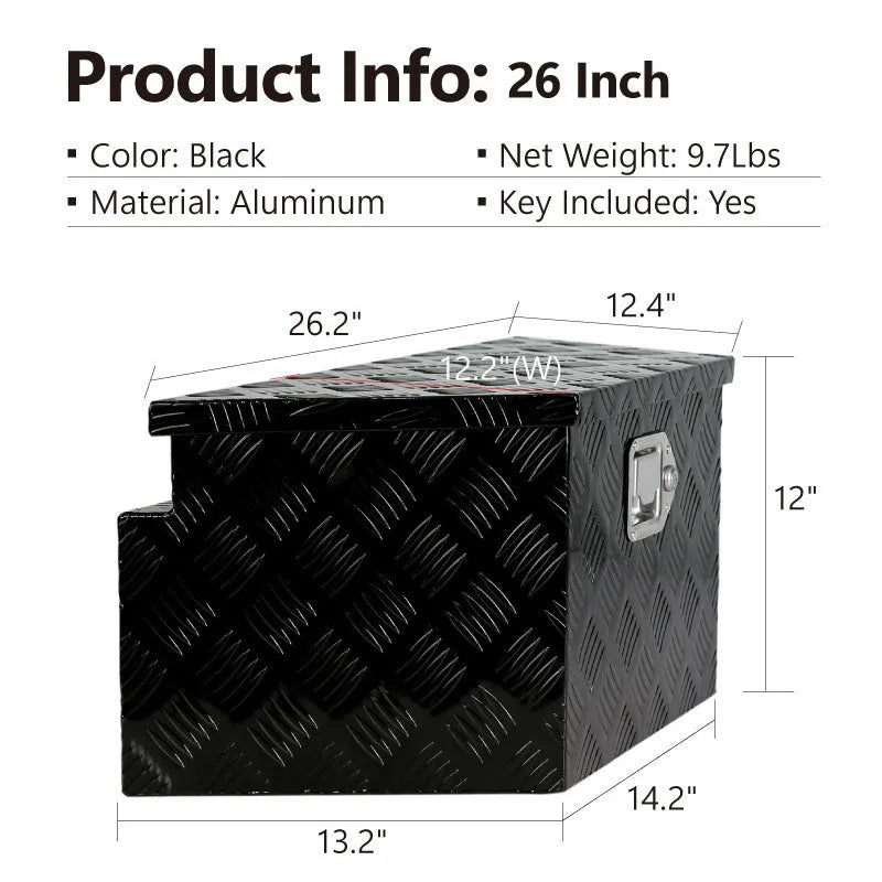 Black 26-inch aluminium alloy toolbox case with T-casting construction for tool storage