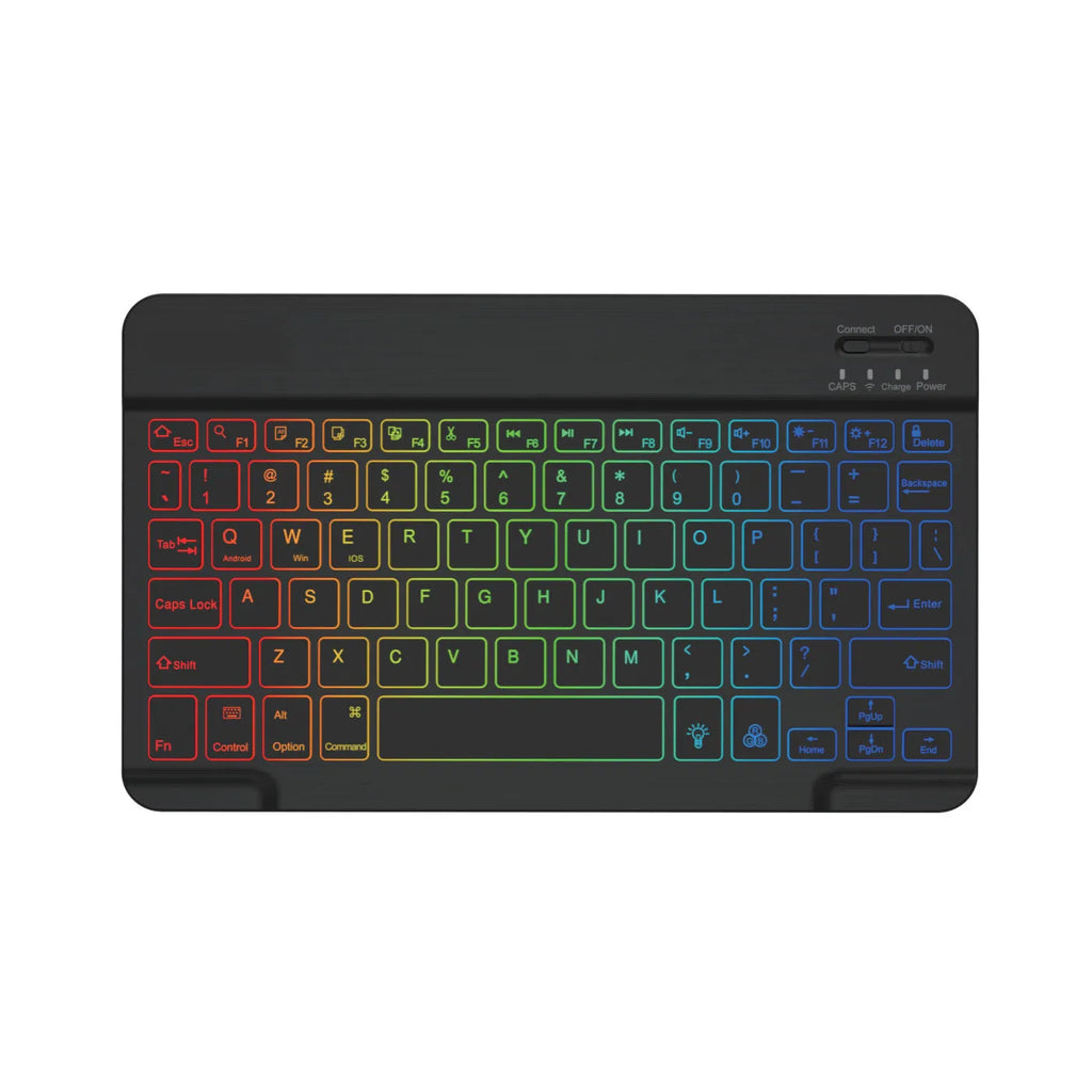 10-inch wireless Bluetooth keyboard with colourful backlit keys shown in a selection of case colours.
