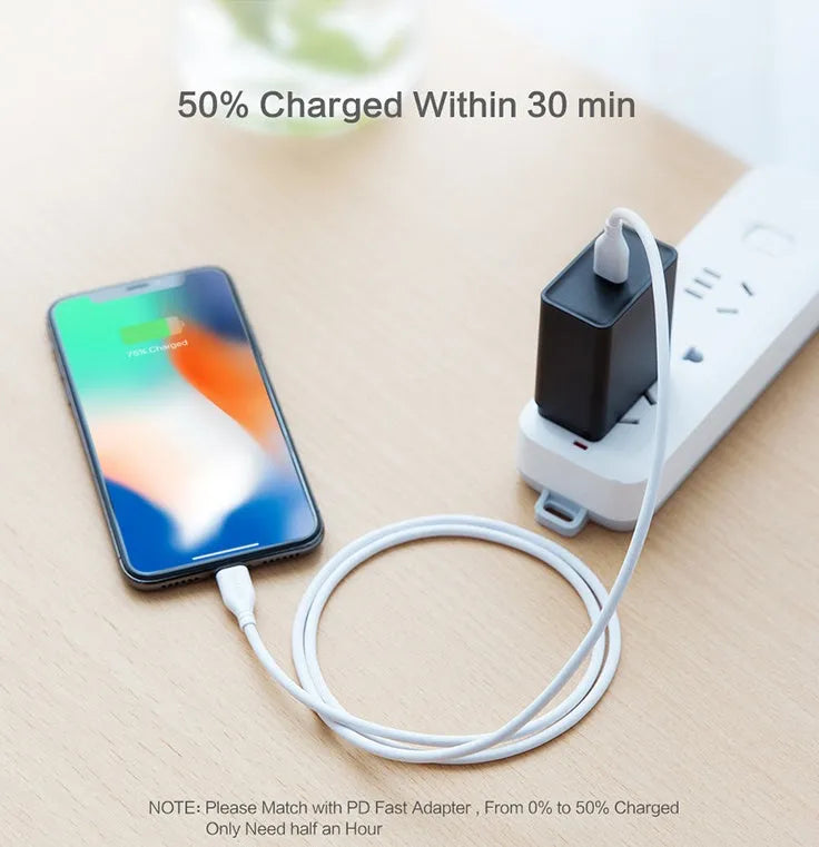 White MFi-certified USB-C to Lightning fast charging cable, 1 metre long.