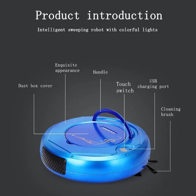 Lazy Smart robotic vacuum cleaner in blue, black, or white on a hard floor
