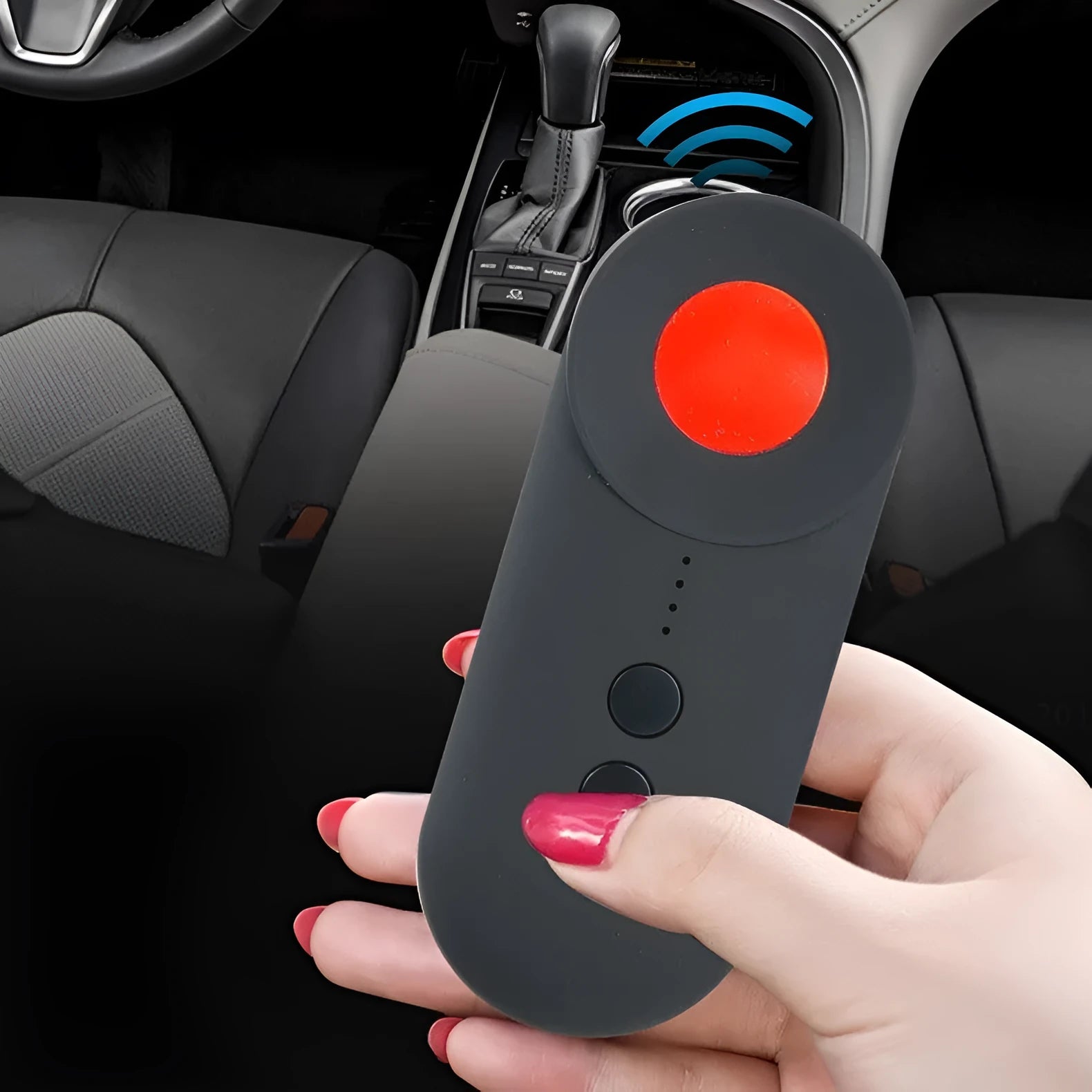Black portable GPS detector and hidden camera finder with compact rectangular design for privacy protection