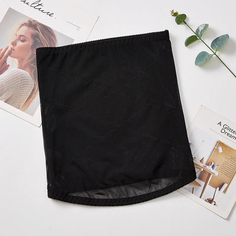 Mesh belly band body sculpting strap in black colour showing thin breathable construction