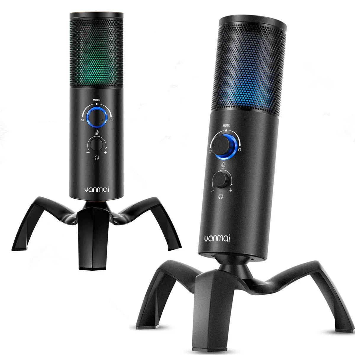 Black Q18 USB condenser microphone with RGB lights on tripod stand