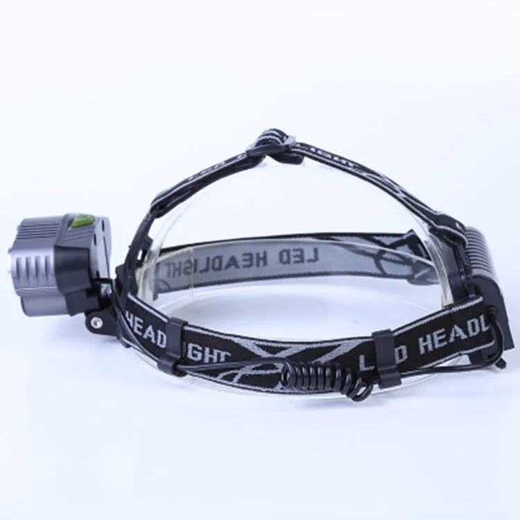 Head-mounted LED camping light with waterproof construction showing 300-500 metre beam distance