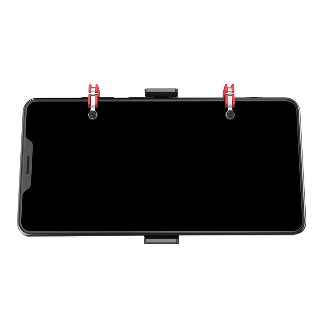 Black mobile phone gaming trigger handle bracket with pull-out concealed trigger and adjustable telescopic phone clip.