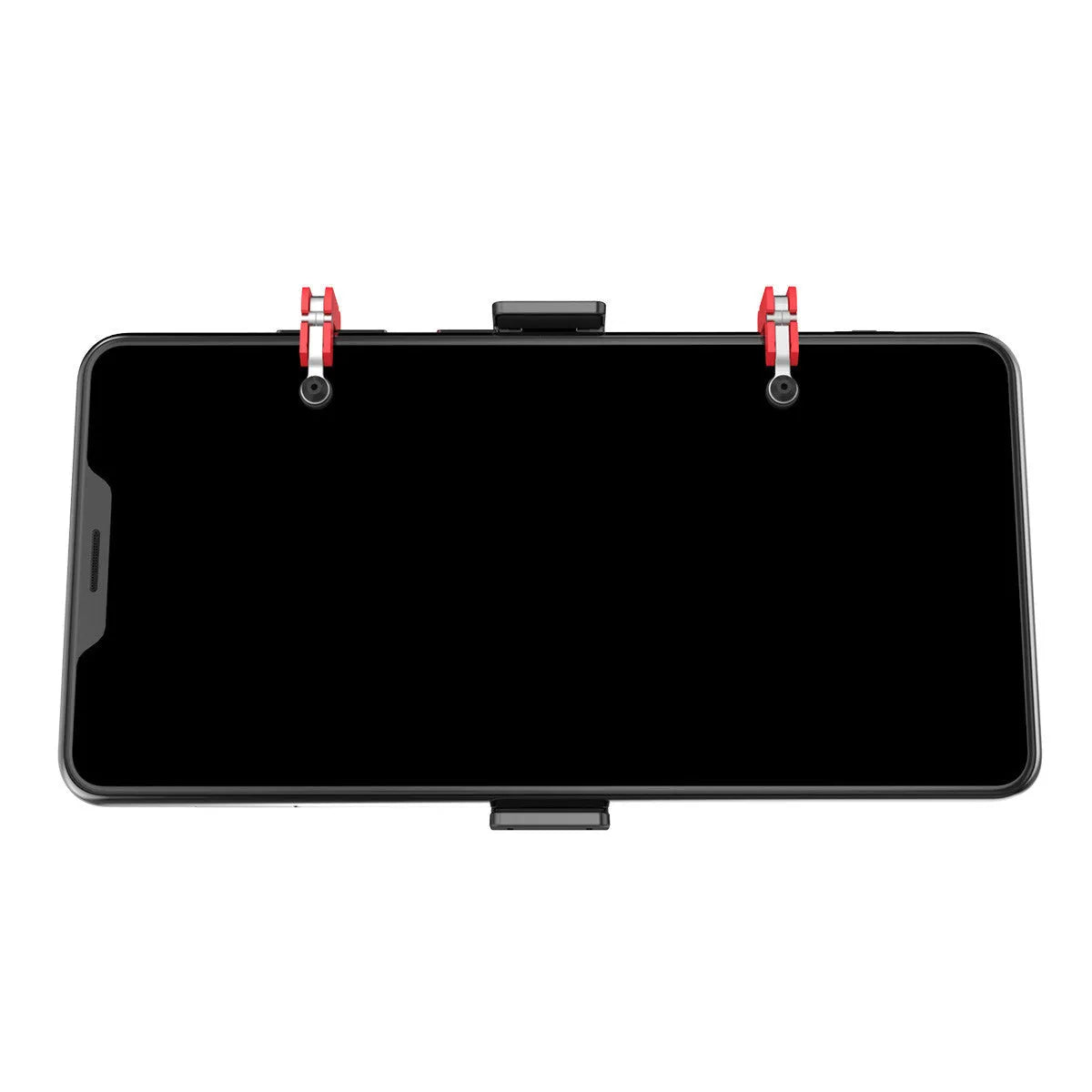 Black mobile phone gaming trigger handle bracket with pull-out concealed trigger and adjustable telescopic phone clip.