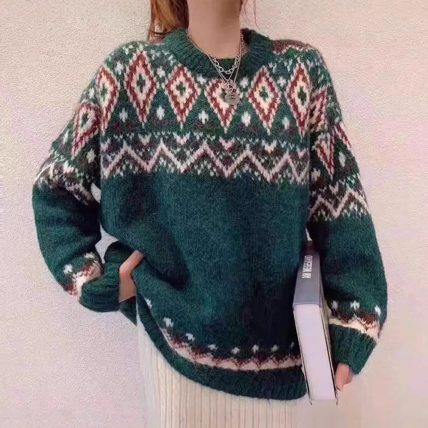 Red and white striped retro pullover knitted top with long sleeves