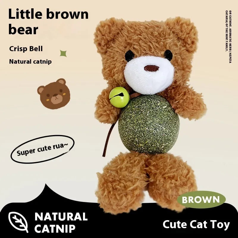 Plush cat toy shaped as a bear, rabbit, frog or bird with a mint ball, measuring 15cm high.
