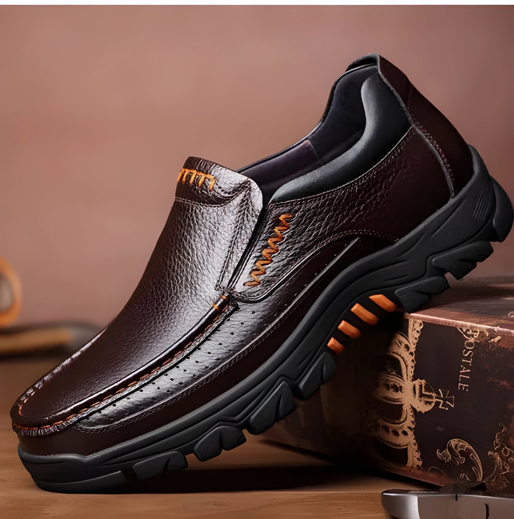 Men's black and brown cowhide leather business casual slip-on shoes with rubber soles