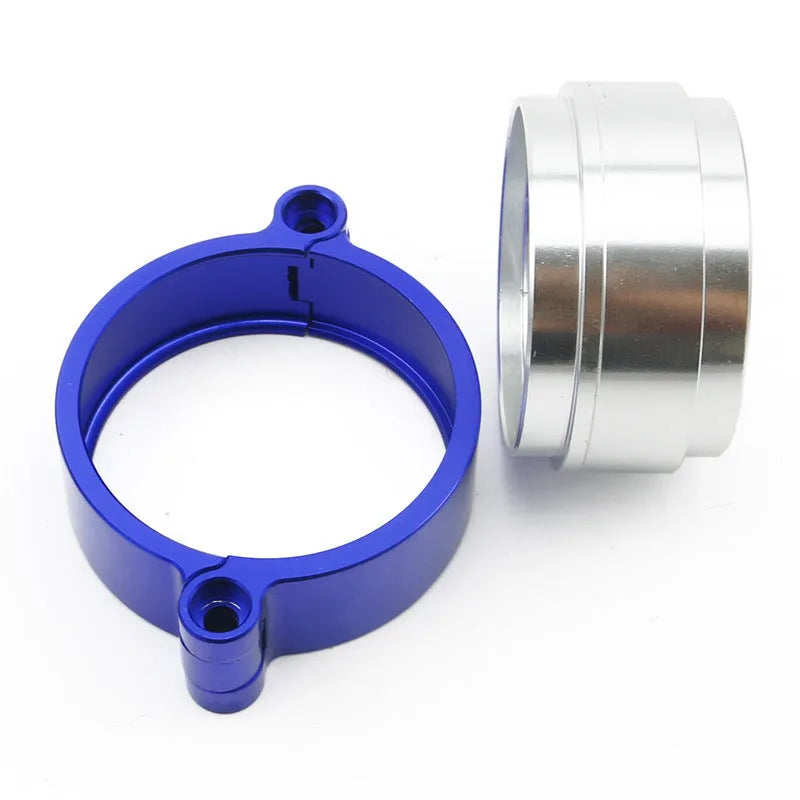 Aluminium fixed movement clamp for car turbine exhaust, available in black, blue, red.