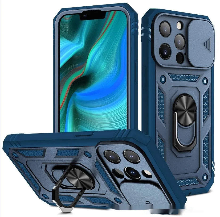 Sergeant sliding window magnetic ring drop-resistant phone case for Apple iPhone, black, rear view showing sliding window and alloy ring