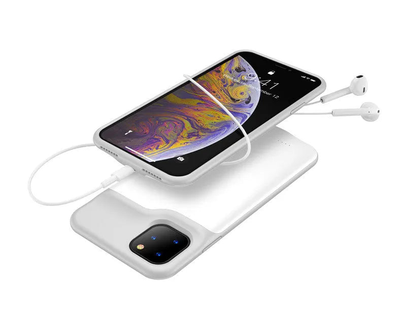 Shockproof silicone battery charger case for iPhone in black, blue, pink, or white, showing phone model compatibility.