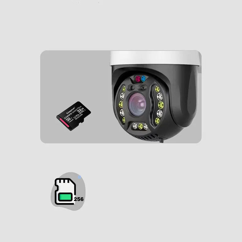 Outdoor dome security camera with 360-degree rotation on a wall, showing its compact ABS housing and lens.