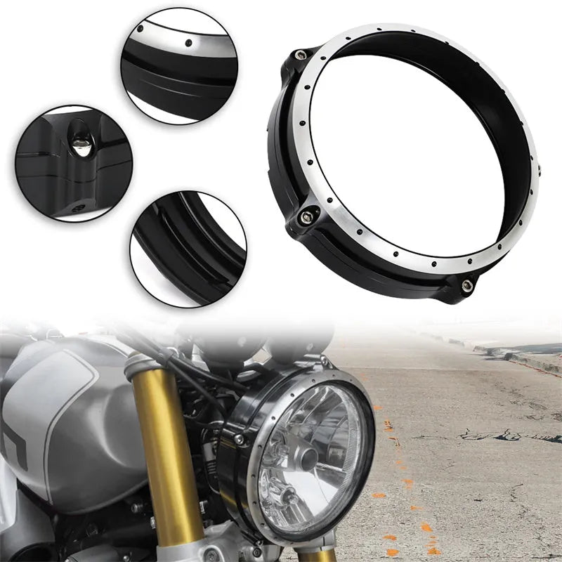 Black aluminium headlight guard for BMW R Nine T Scrambler motorcycle