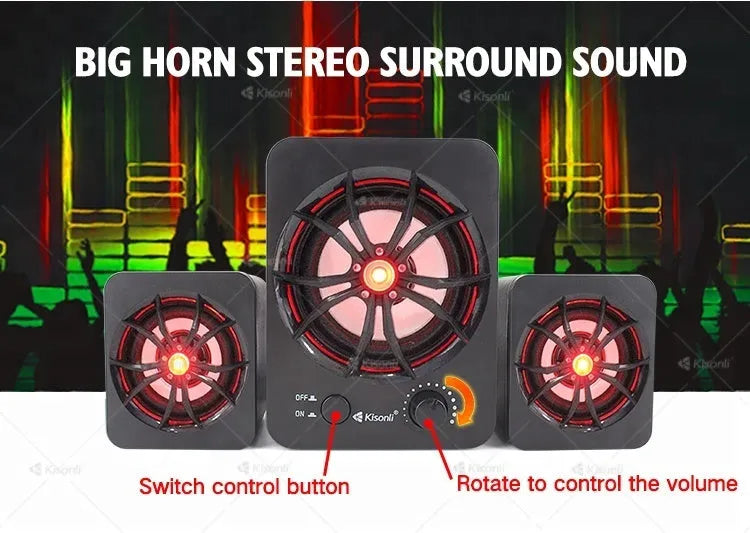 Green 2.1 USB mini computer speaker with colourful LED glowing lights on a desk.