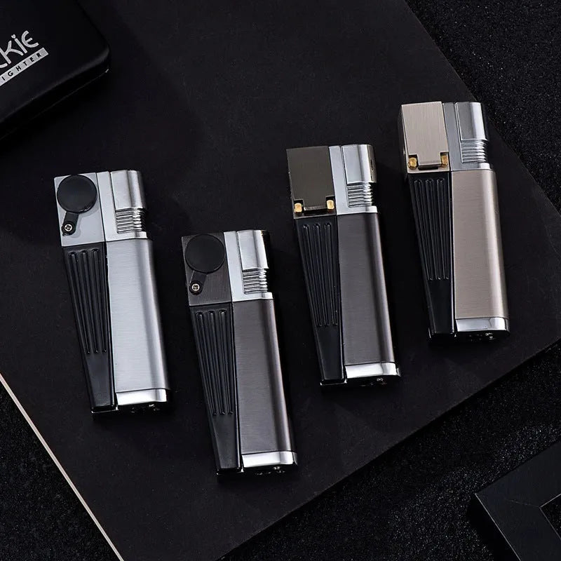 Metal pipe lighter with folding flap covering lighter mechanism and stash compartment