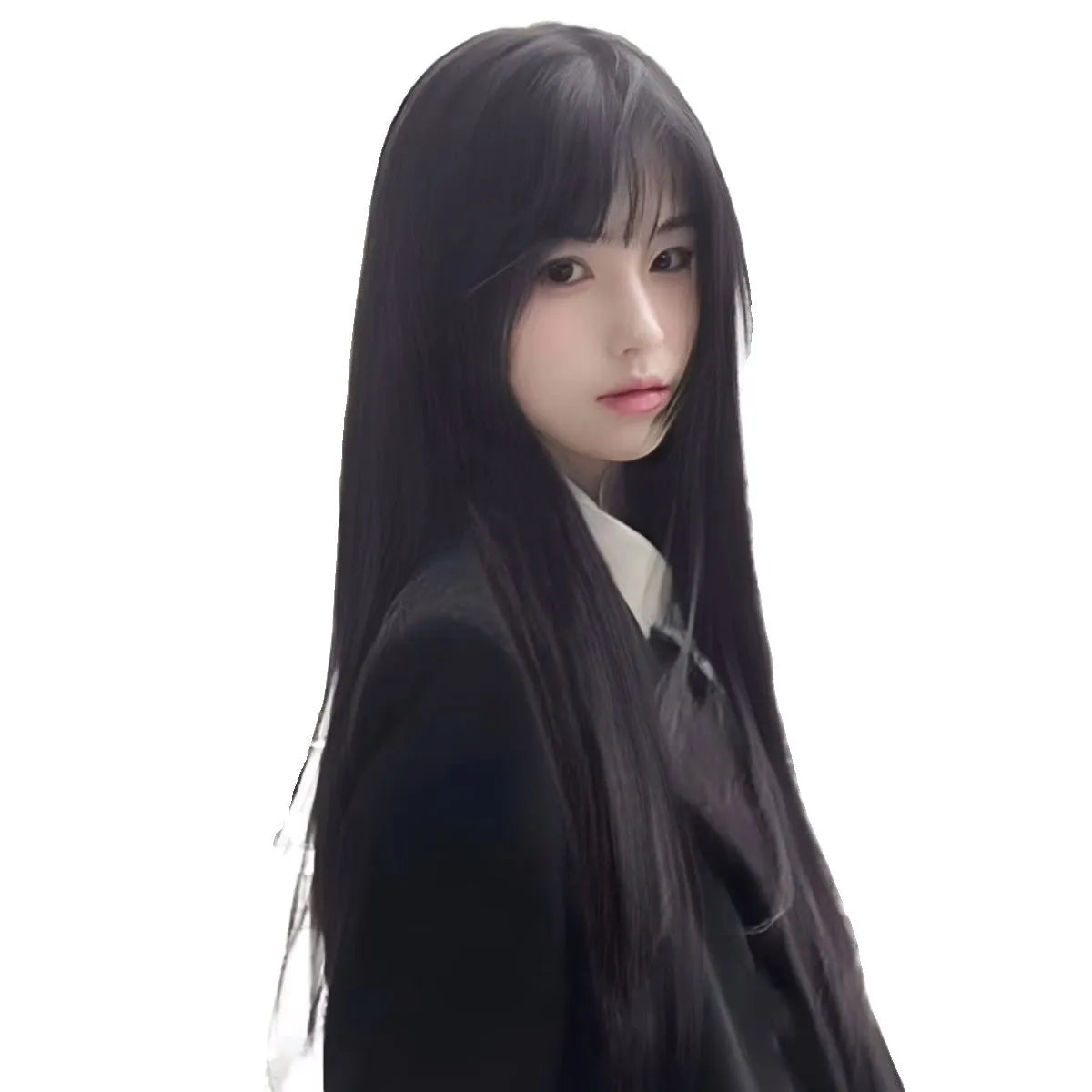 Long straight synthetic wig with bangs in brown black colour showing medium parting style