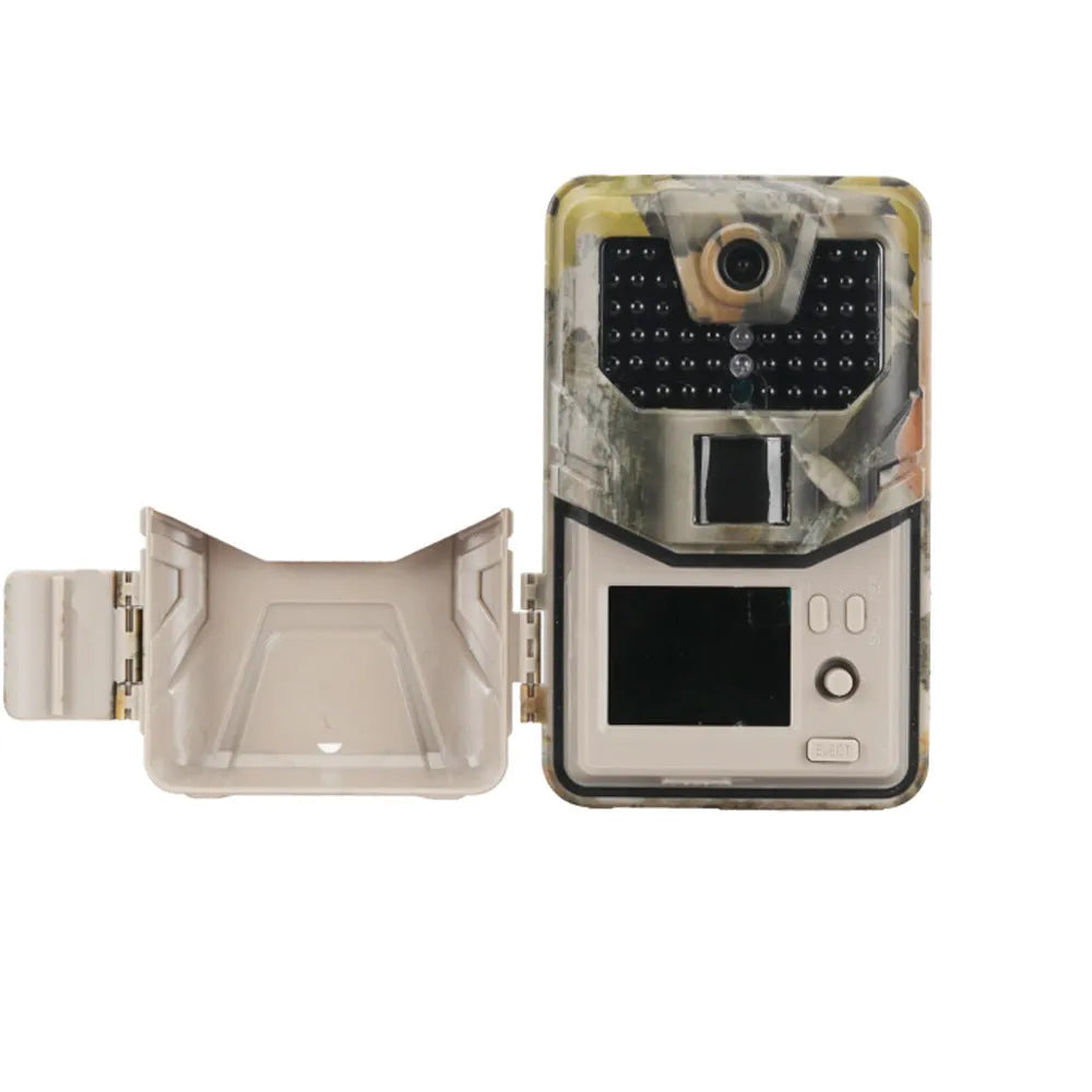Compact camouflage outdoor hunting camera with infrared LEDs and lens