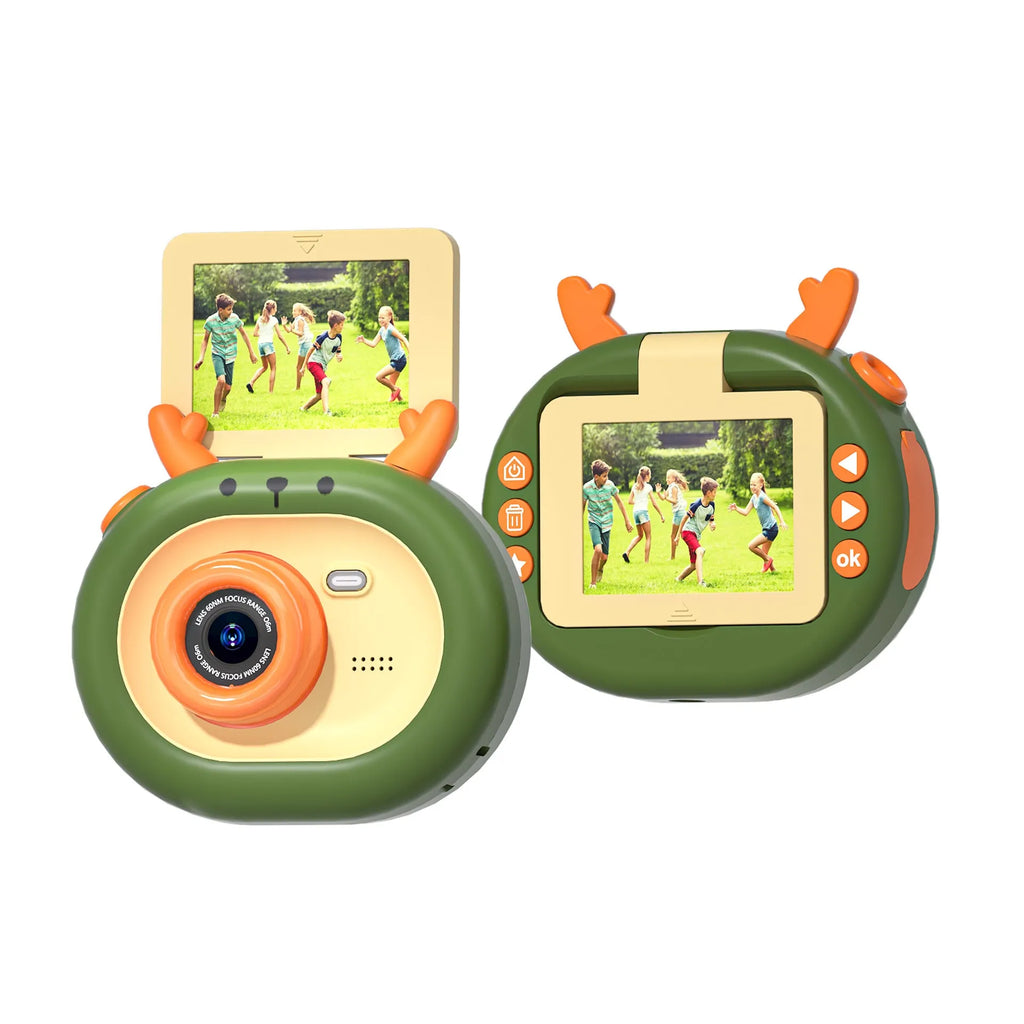 Children's digital camera with flip screen in dark green or purple colours with silicone protective case