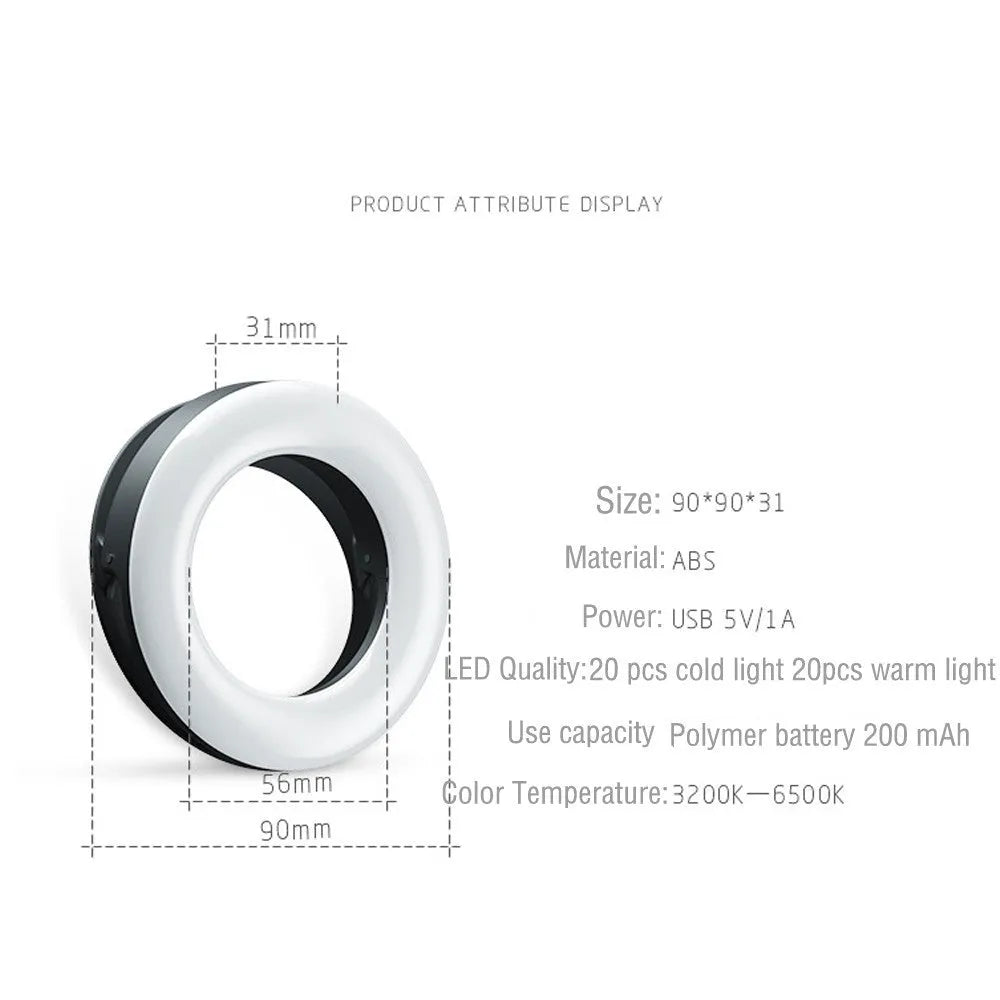 Compact black USB-rechargeable LED selfie ring light for mobile phones