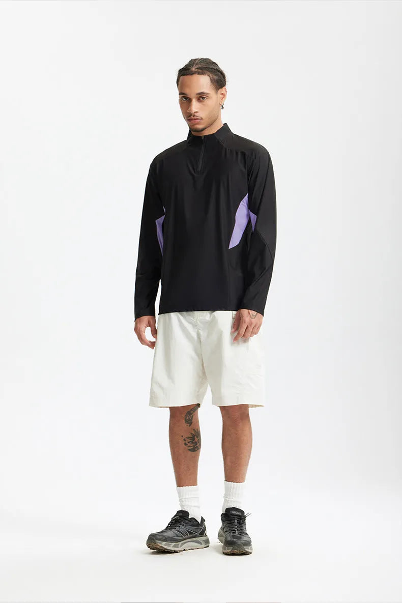 Men's lightweight polyester casual top in black and beige colours showing long sleeve and short sleeve options