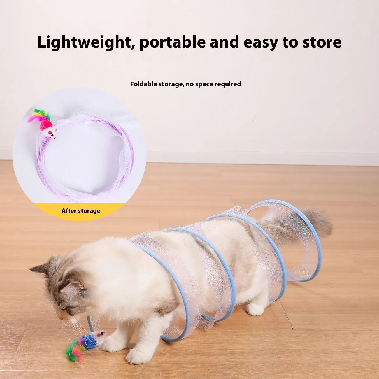 S-shaped cat tunnel toy with steel frame, elastic net sides and feather attachments
