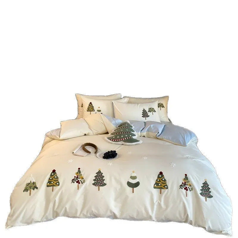 Pure cotton bedding set with Christmas tree embroidery showing duvet cover, sheet and pillowcases