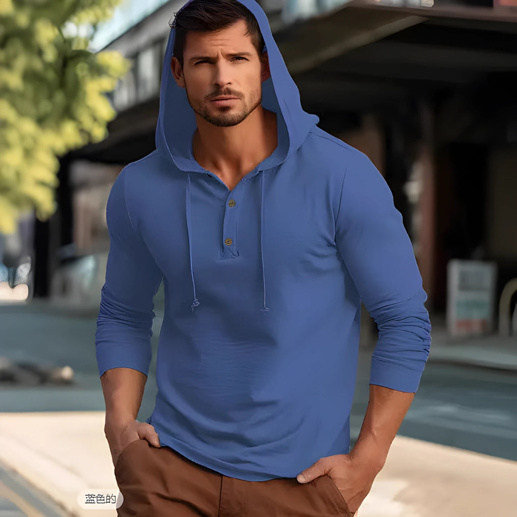 Men's casual pullover hoodie in cotton, shown in one of six colour options