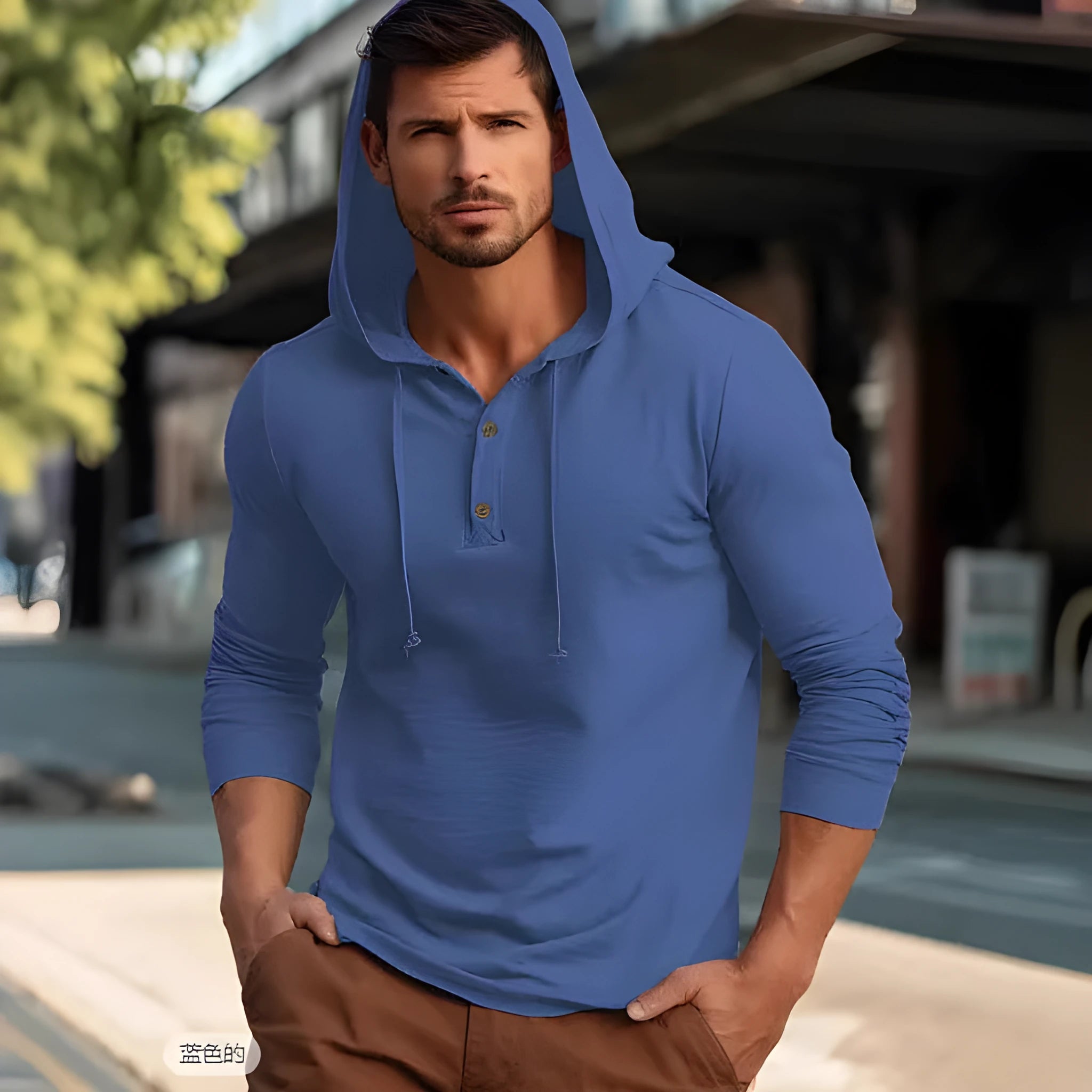 Men's casual pullover hoodie in cotton, shown in one of six colour options