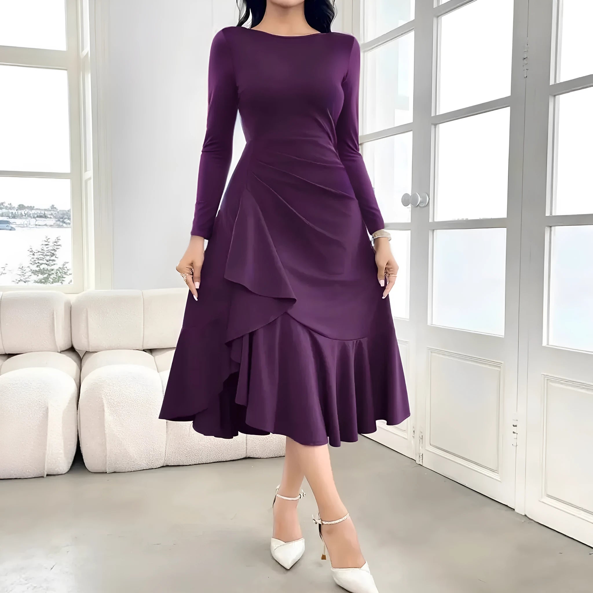 Purple women's long sleeve dress with round neck, mid waist, and ruffle details.