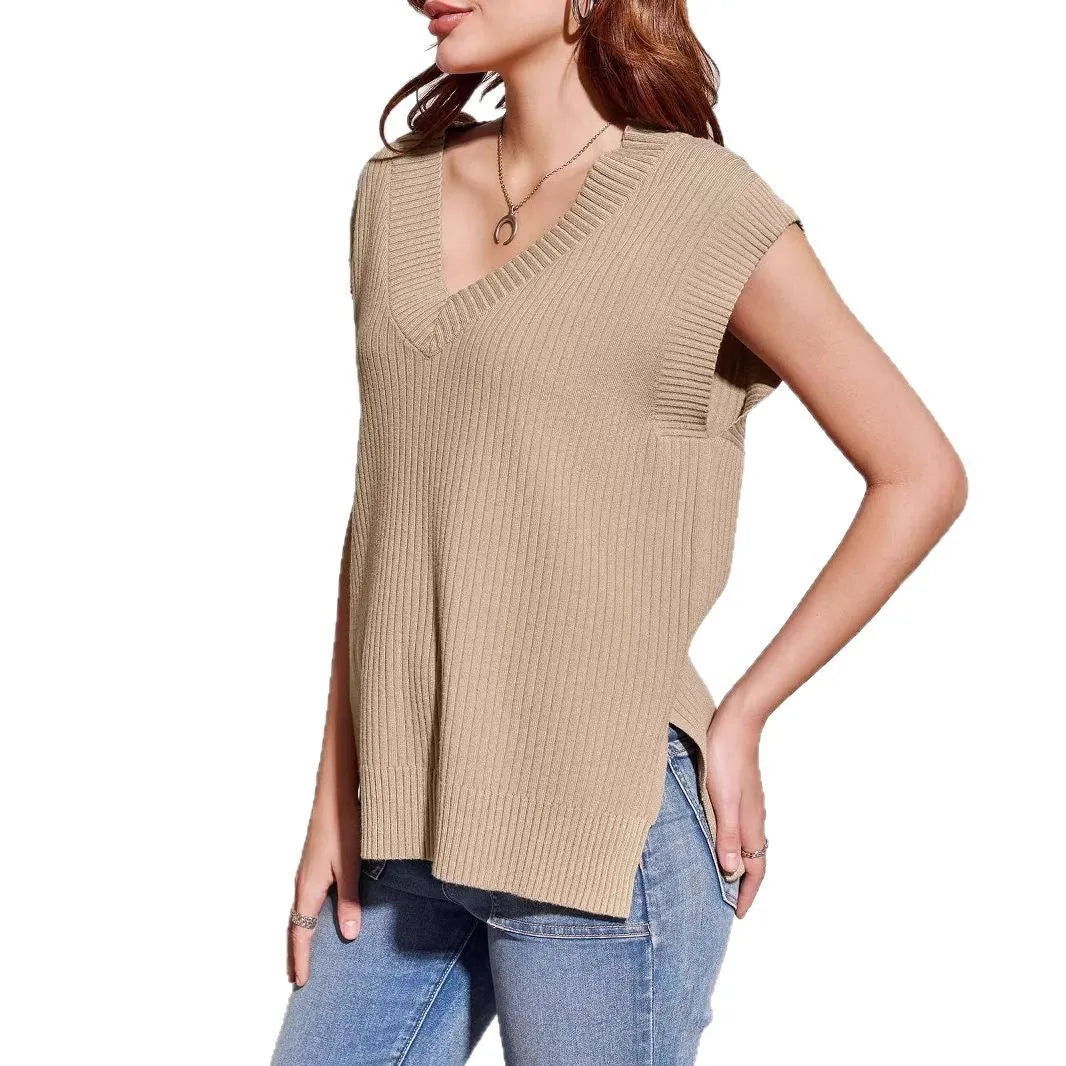 Camel and white V-neck sleeveless pullover vest with loose fit and striped or plaid patterns