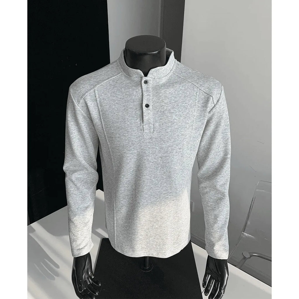 Men's asymmetric patchwork long sleeve polo shirt with a stand-up collar in heather grey.