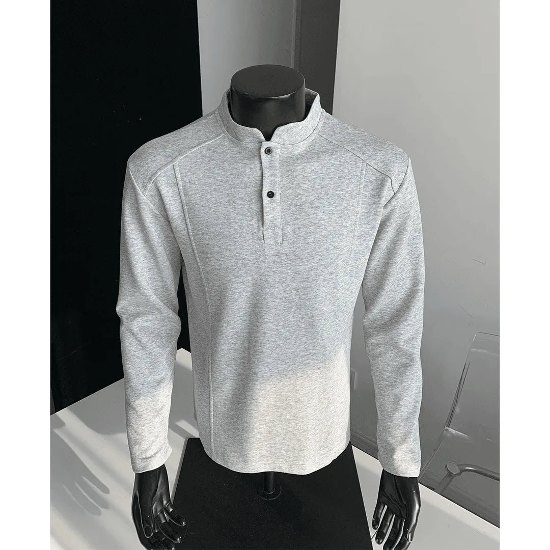 Men's asymmetric patchwork long sleeve polo shirt with a stand-up collar in heather grey.