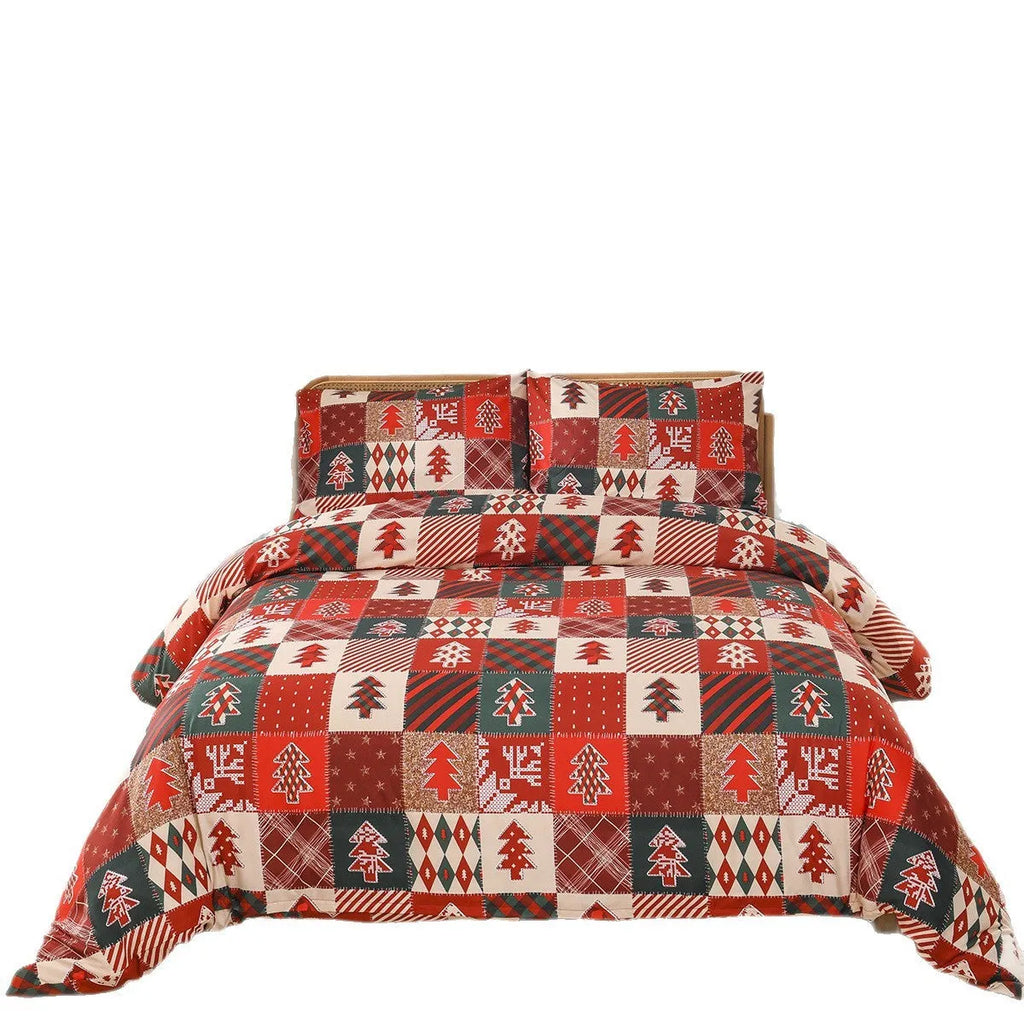 Christmas red plaid pattern bedding three-piece set showing quilt cover and matching pillowcases