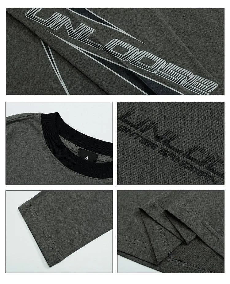 Grey khaki women's cotton pullover sweater with loose fit, drop shoulders, long sleeves, and a letter pattern.
