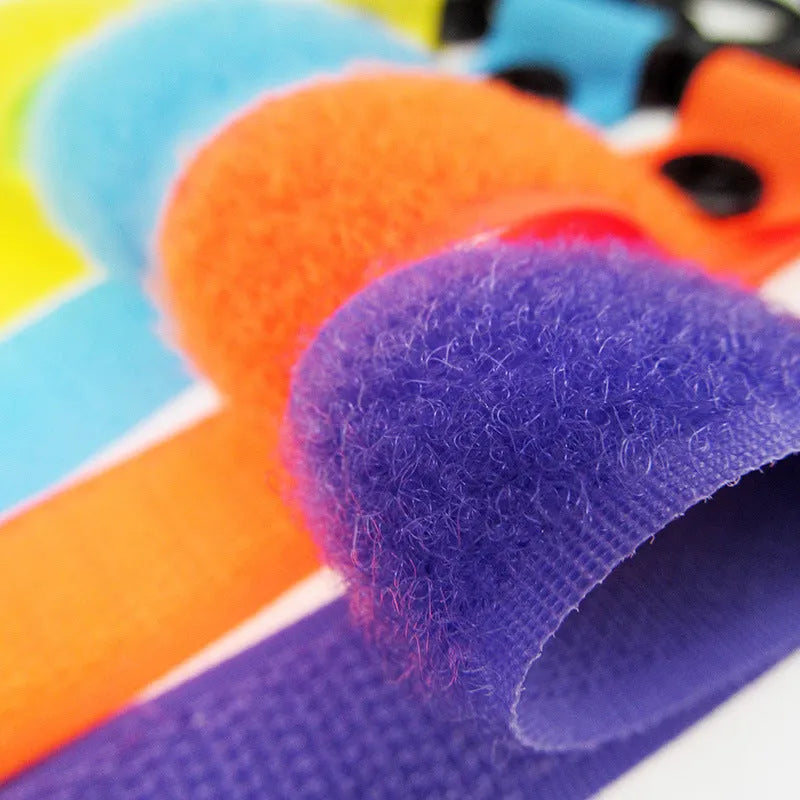 Nylon luggage Velcro hook showing colour options including black, red, blue, green and fluorescent choices
