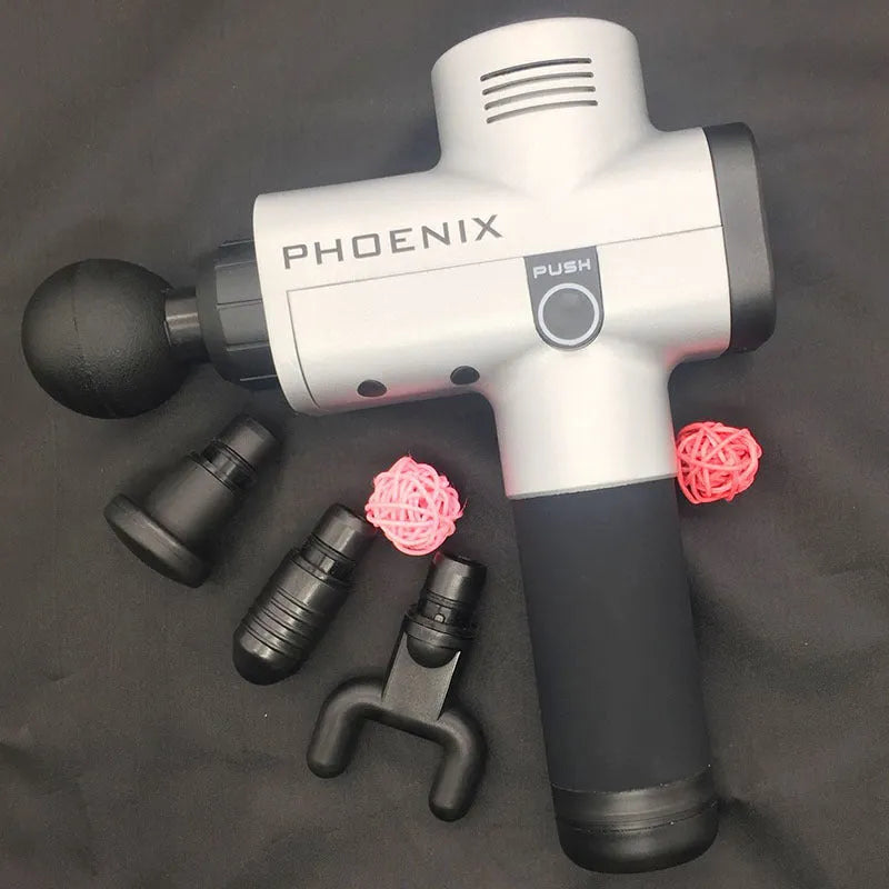 ABS plastic percussion massage gun with four interchangeable massage heads for deep tissue therapy