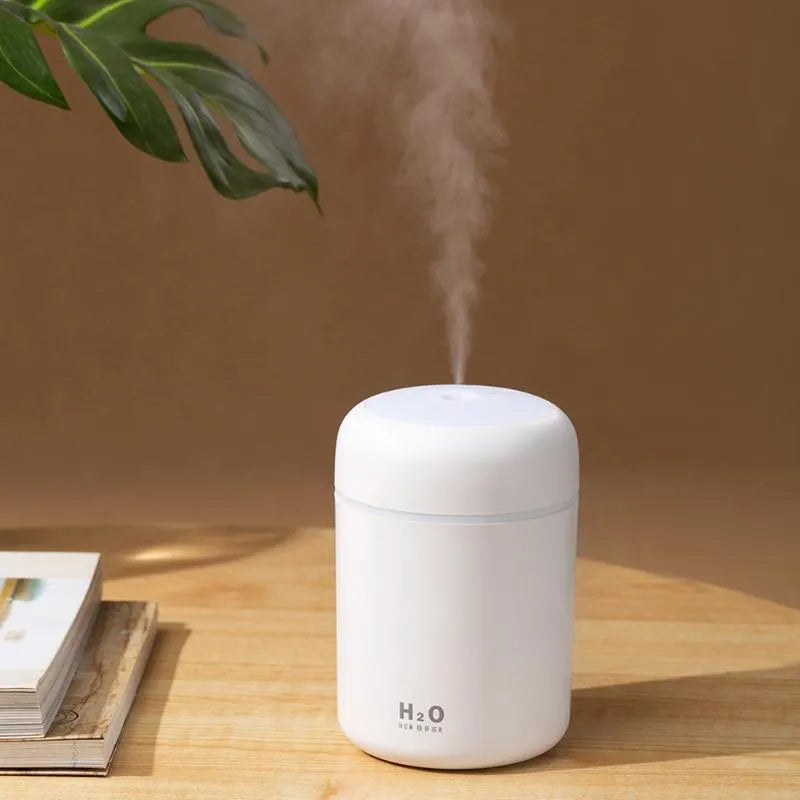 USB-powered mini humidifier with colourful LED lights in pink, white, or navy blue colour options
