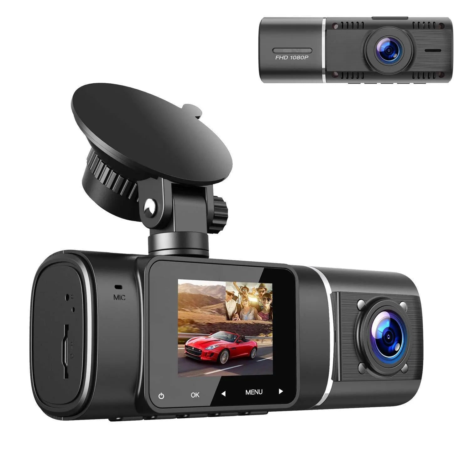 Black dashboard camera mounted on car windscreen showing dual recording capability