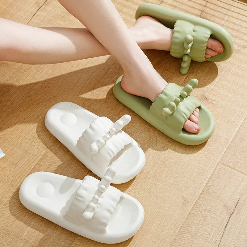 Women's EVA flip flop slippers with deer horn design in light yellow colour showing hollow out pattern