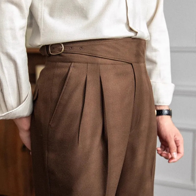 Men's high-waist straight-leg casual trousers in black polyester fabric on a hanger.