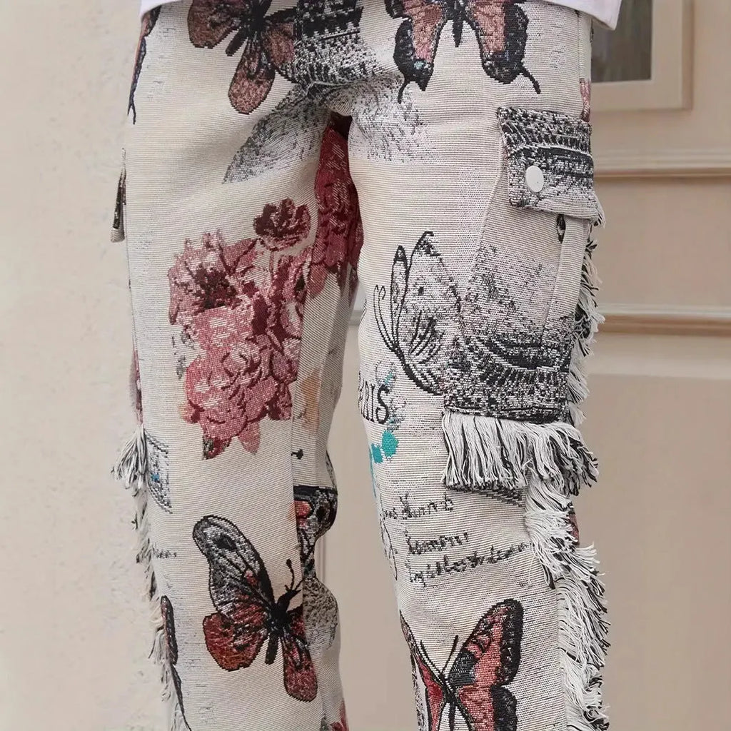 Men's animal digital print slim fit denim trousers, mid waist, zip placket, available in multiple sizes