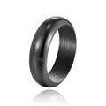 Glossy electroplated titanium steel ring shown in gold, black, and steel colours on size display