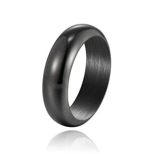 Glossy electroplated titanium steel ring shown in gold, black, and steel colours on size display