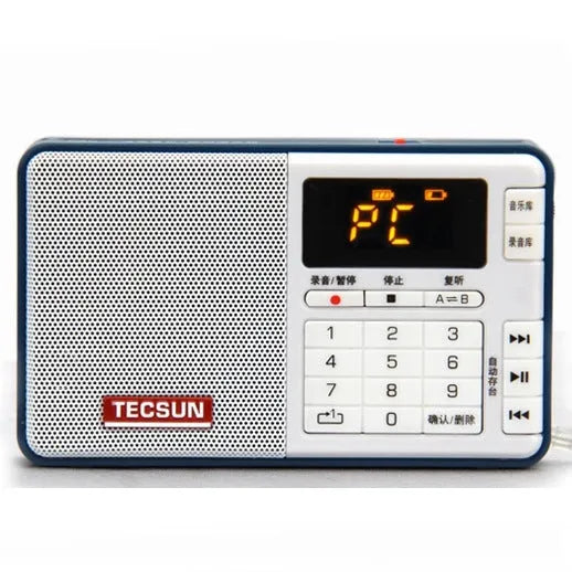 Tecsun Q3 digital audio player in a choice of six colours, showing front panel with buttons.