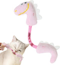 Set of four cat toys including rope, kicker toy, springs, and plush chew toys in pink, purple, or yellow colours