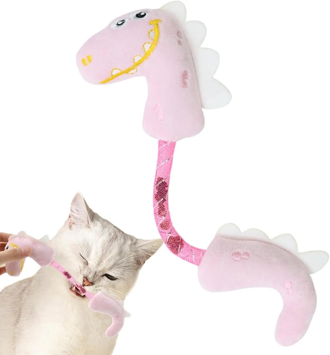 Set of four cat toys including rope, kicker toy, springs, and plush chew toys in pink, purple, or yellow colours