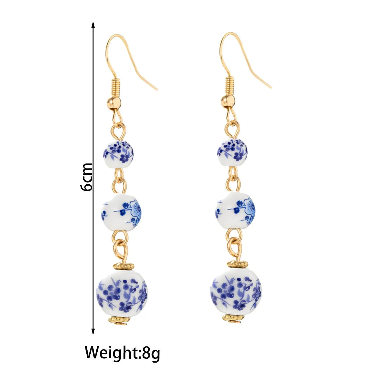 Long blue and white porcelain ceramic bead retro earrings with geometric Chinese style design on alloy.