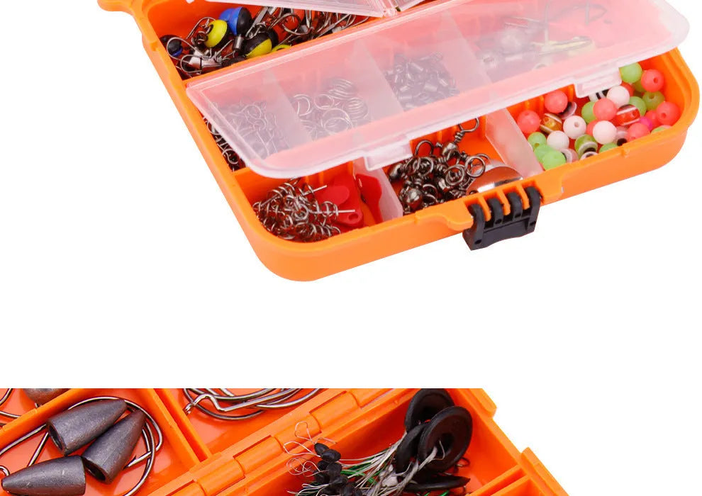 Orange ABS plastic box containing 257 pieces of fishing lure hooks and accessories.